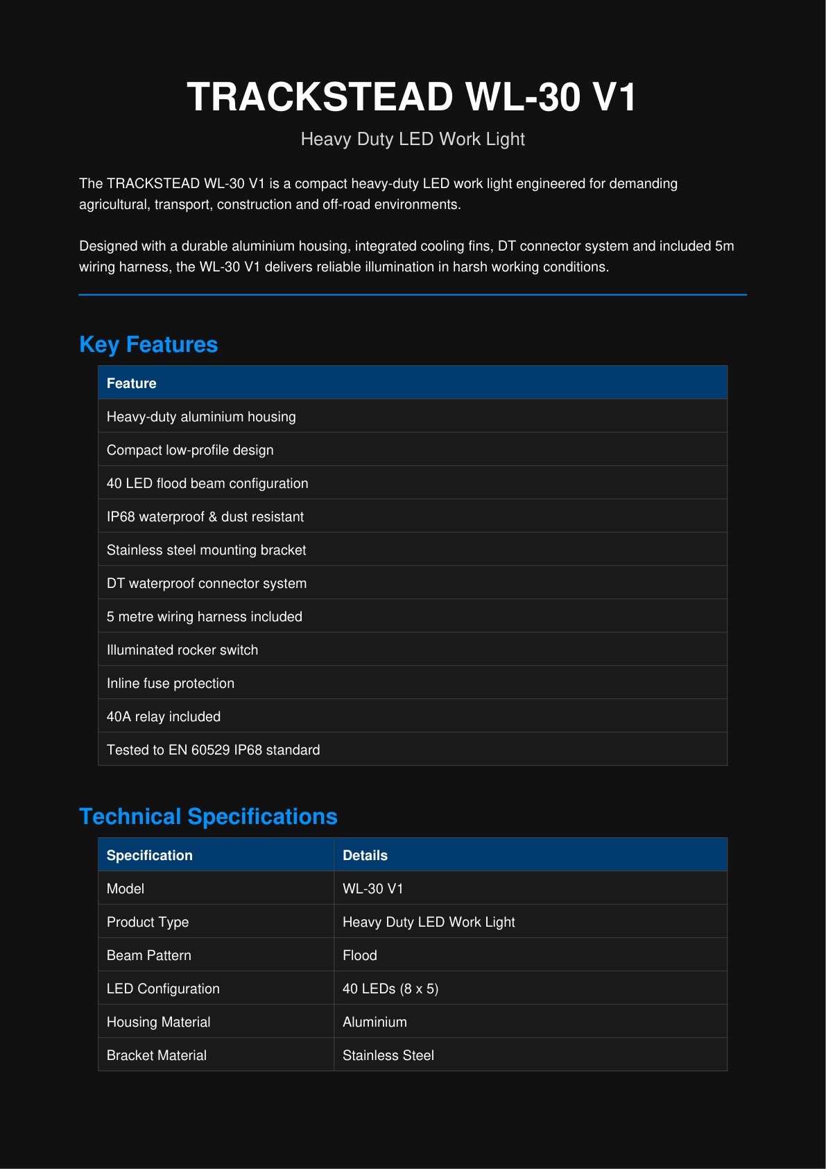 TRACKSTEAD WL-30 V1 specification sheet page 1